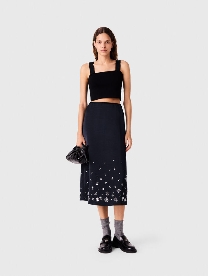 Embroidered satin midi skirt
