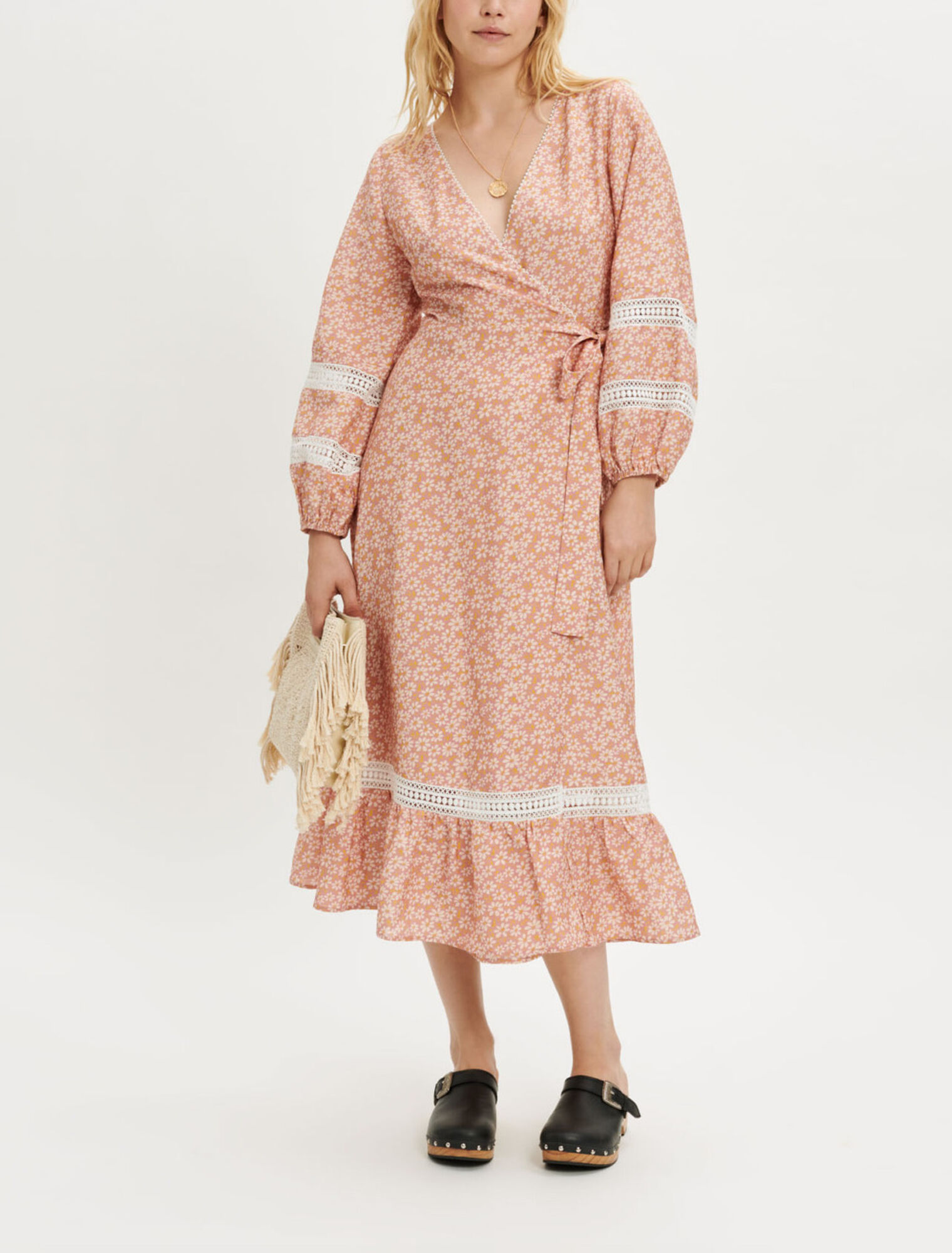 Printed wrap dress with braids