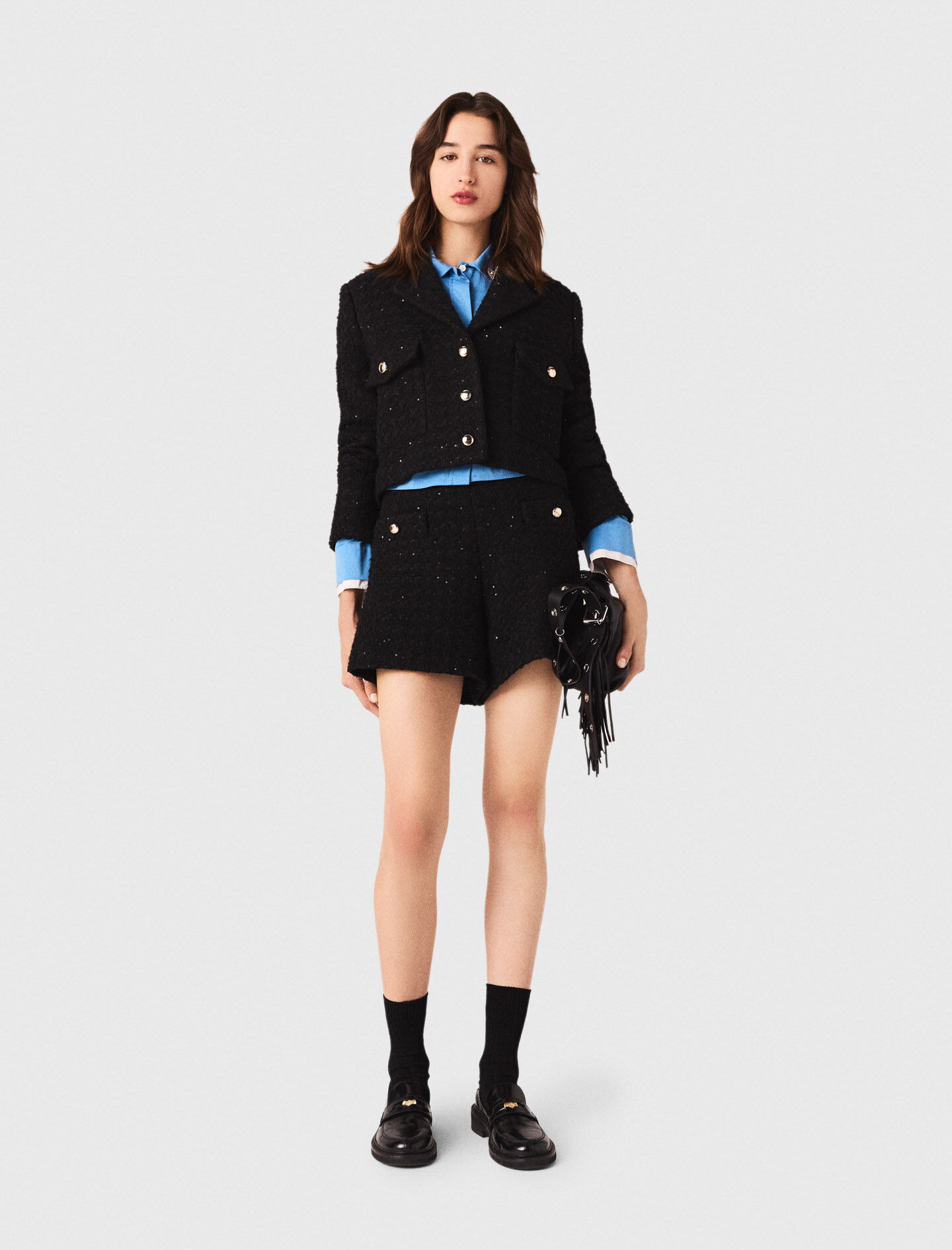 maje ツイードジャケット Short rhinestone tweed jacket Black / Gray for Women | Maje