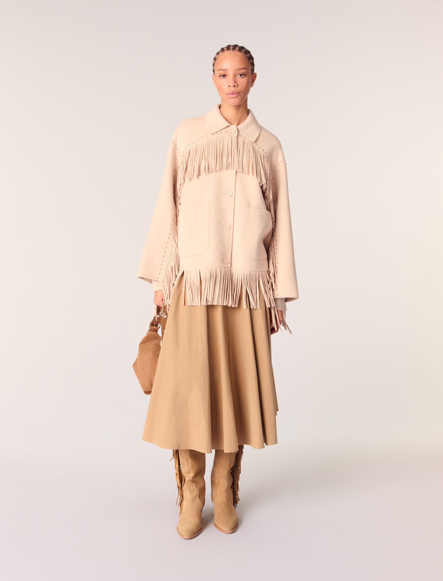 極美品 Maje マージュ ポンチョ風 ファーコート モカ ベージュ系 36 JUBBA ブラウン レディース フード付きマント 長袖 ポンチョ