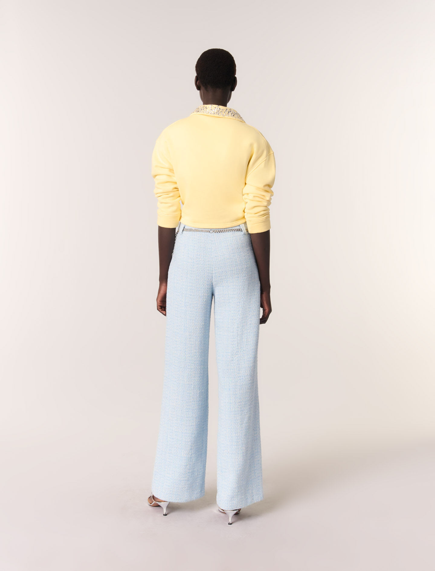 ブルレア　Bluelea embroidery tweed pants Tweed trousers with chain belt Blue for Women | Maje