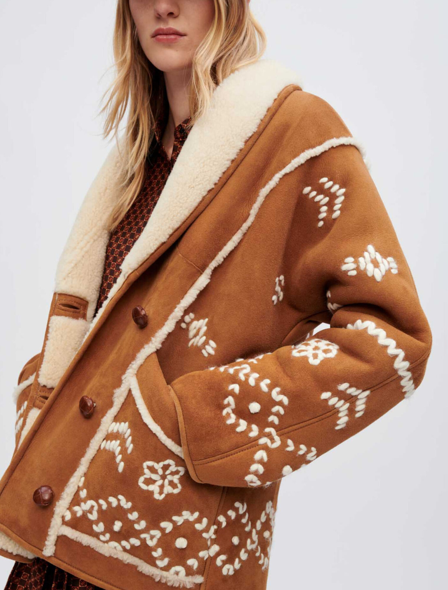 Fully embroidered shearling coat