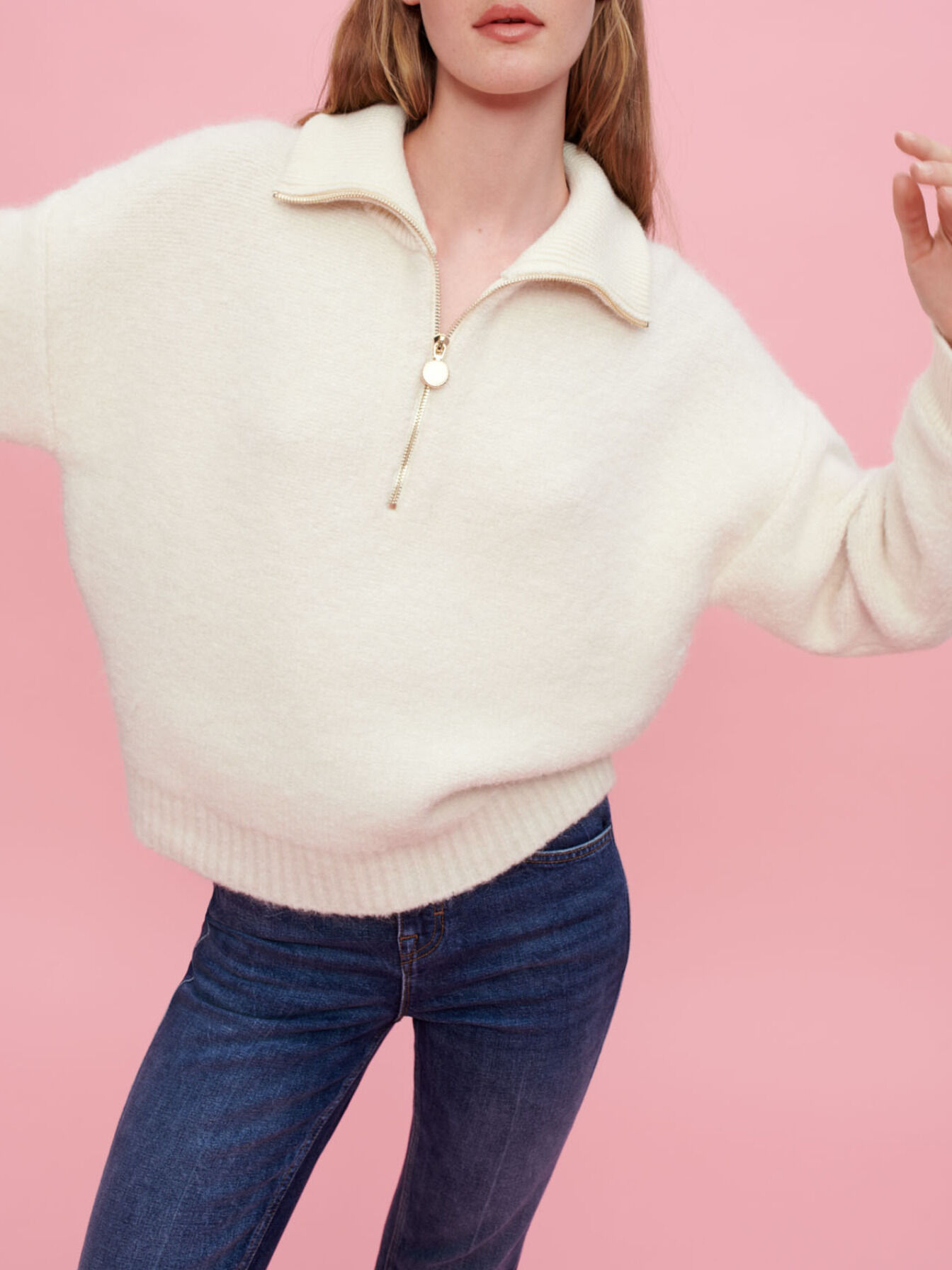 Ecru bouclé mock-neck jumper