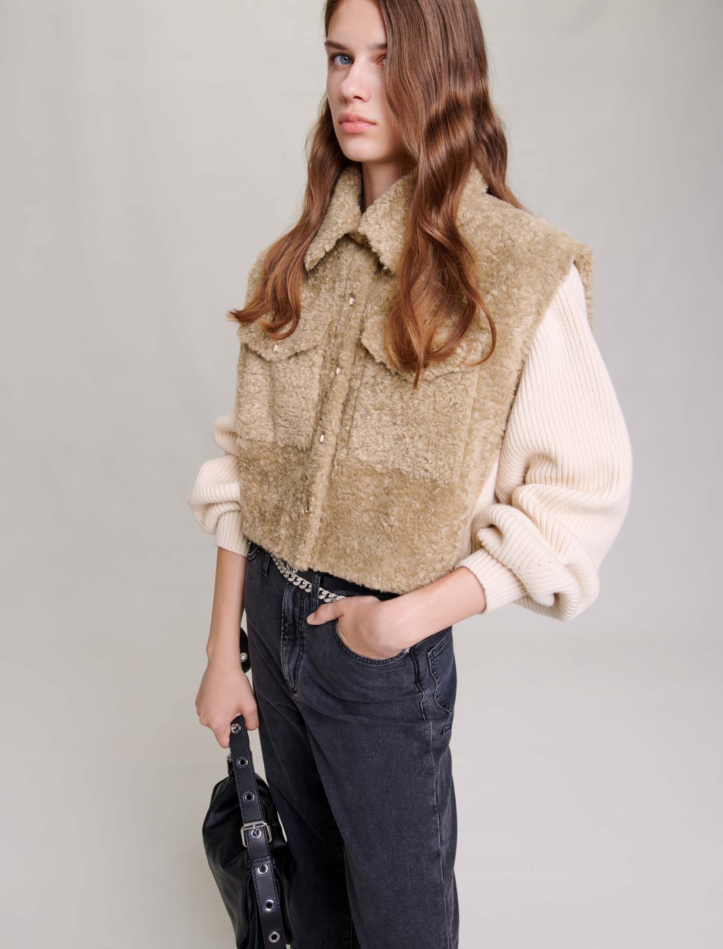 Faux fur and knit jacket Brown for Women | Maje