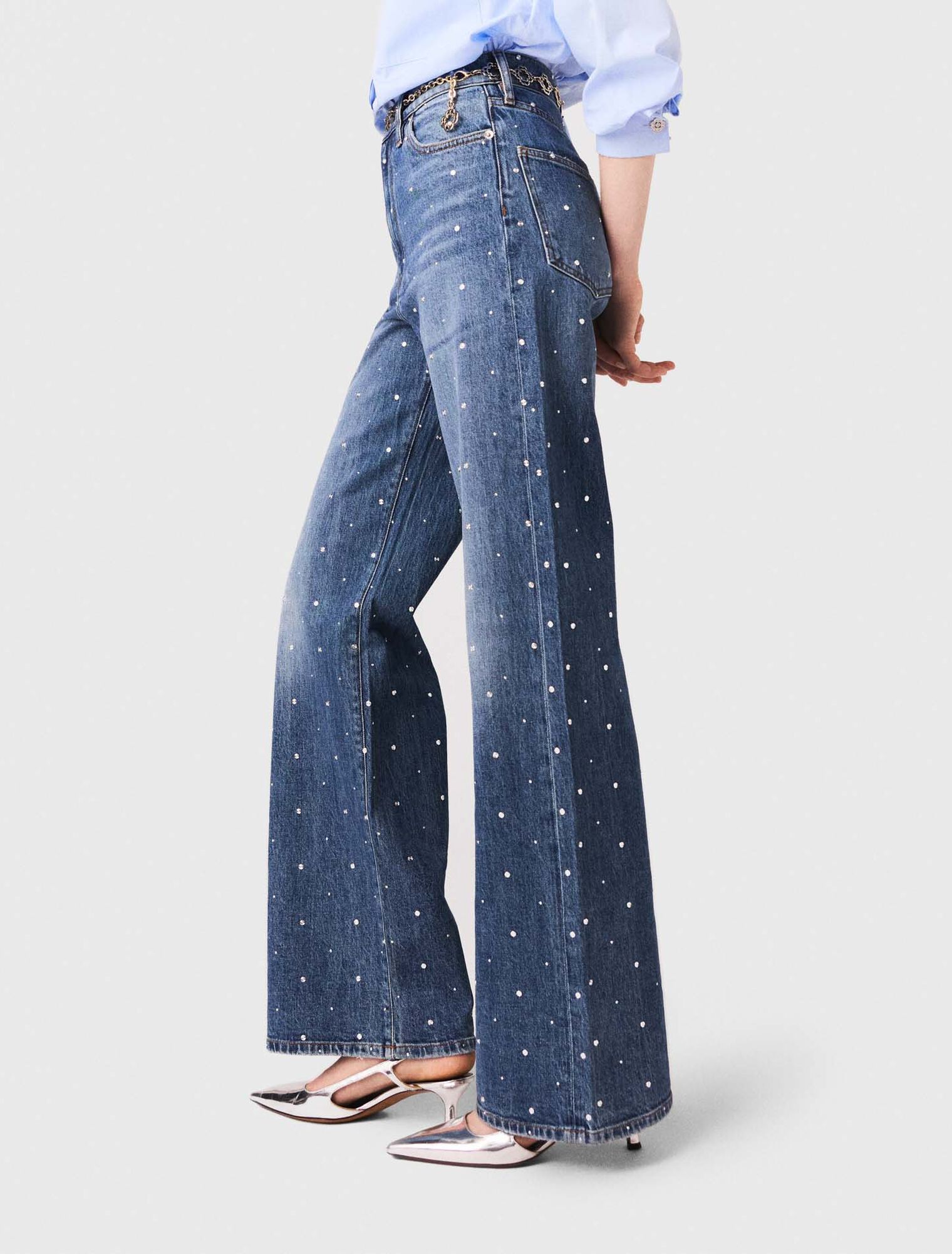 Wide-leg denim jeans with studs