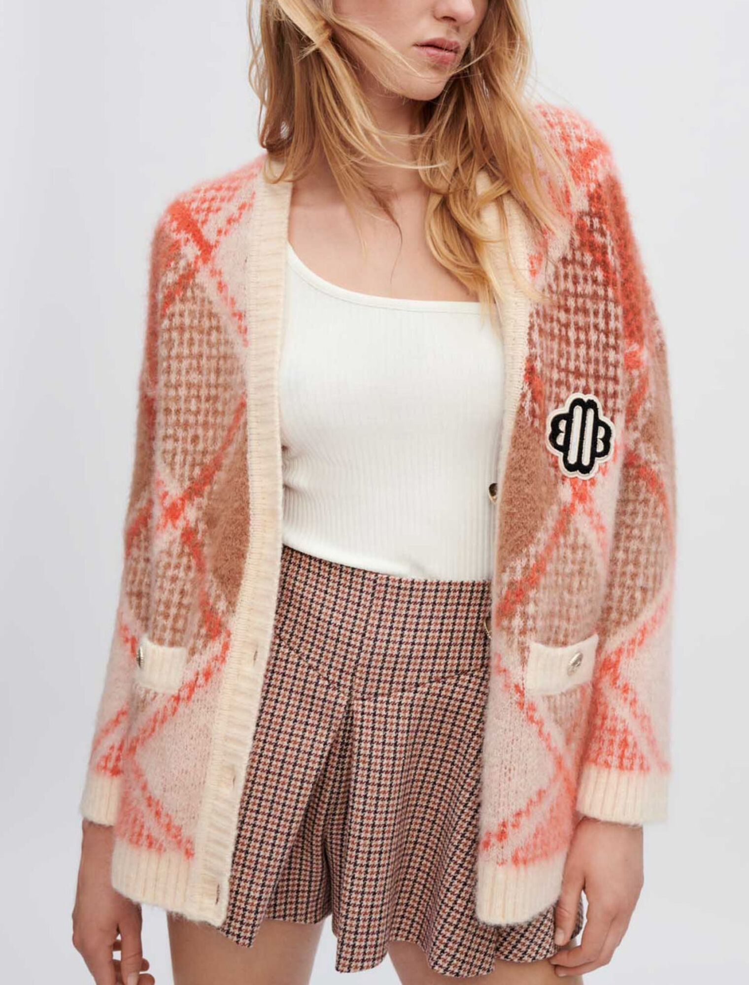 Fluffy diamond jacquard cardigan