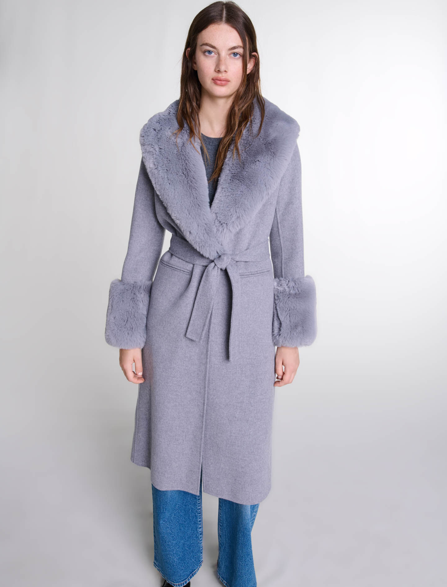 Long coat with faux fur collar - Offline_Coats | Maje