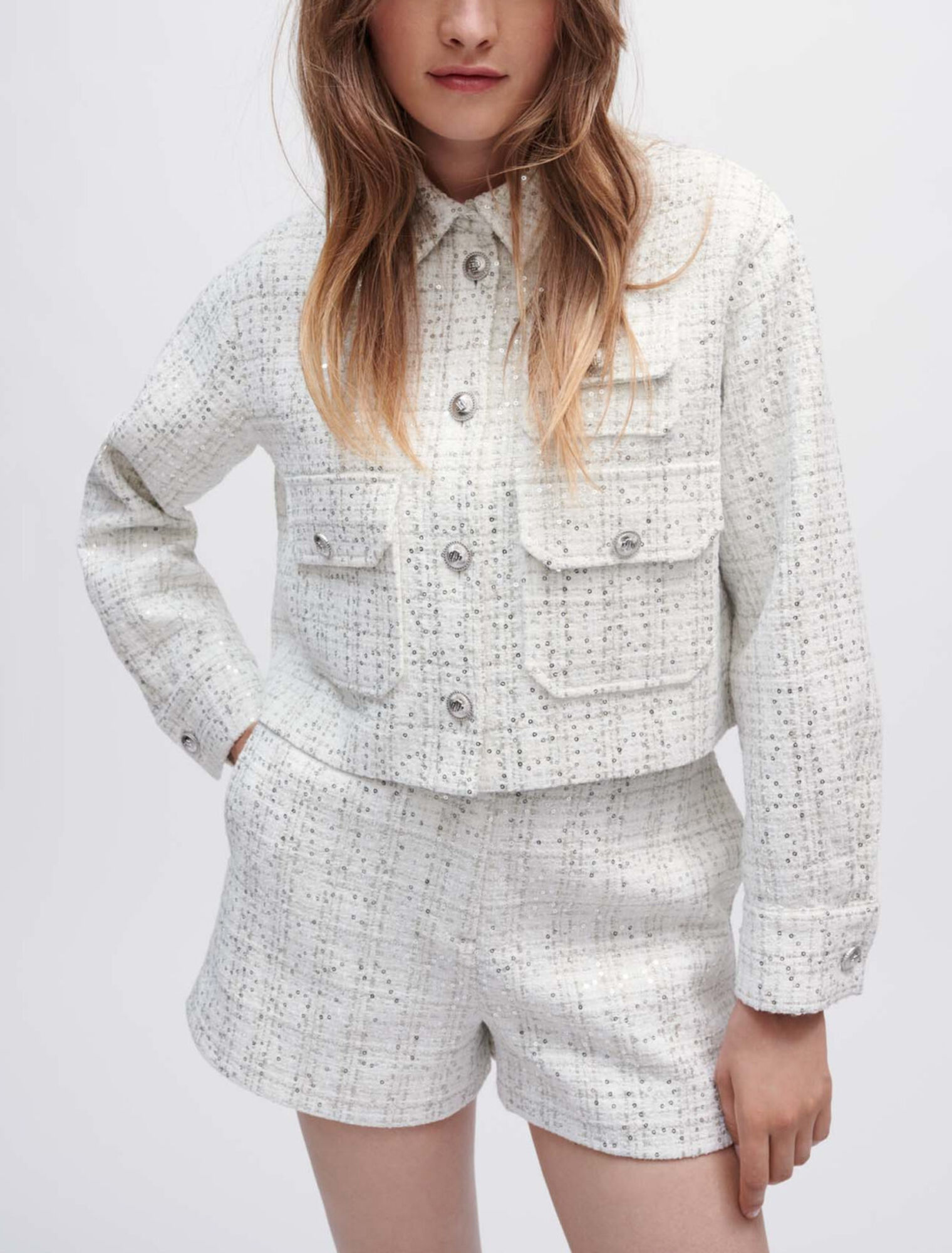 Ecru tweed shirt with sequins