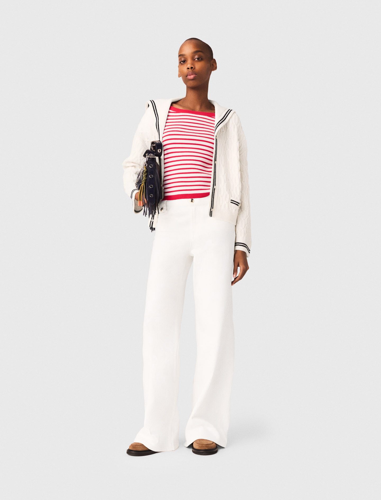 Cable-knit boat neck cardigan Ecru for Women | Maje