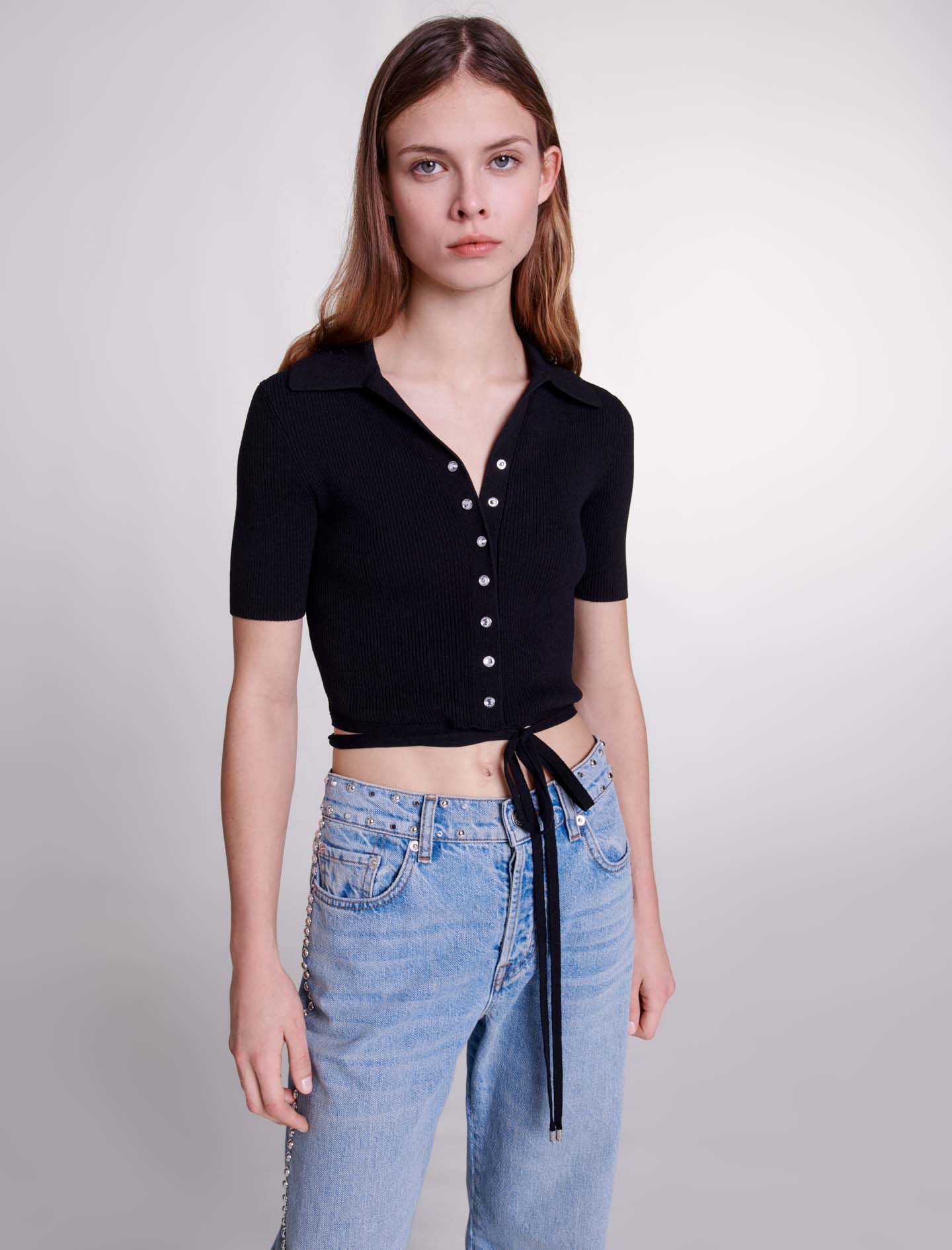 カットソー(長袖+七分) ARGUE - argue   RANDOM RIB KNIT T-SHIRTS Knit crop top with ties