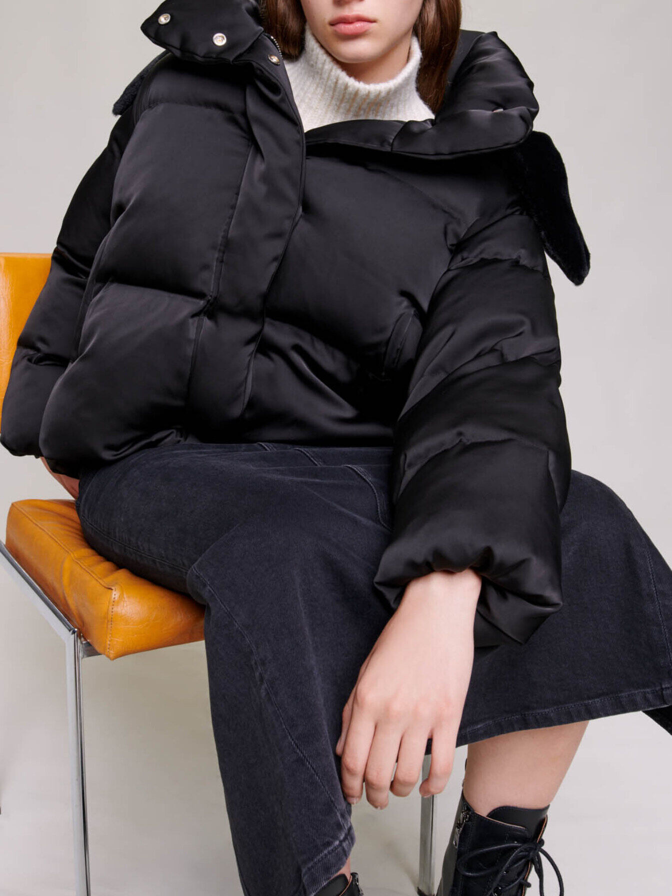 Short satiny quilted puffer jacket Black for Women | Maje