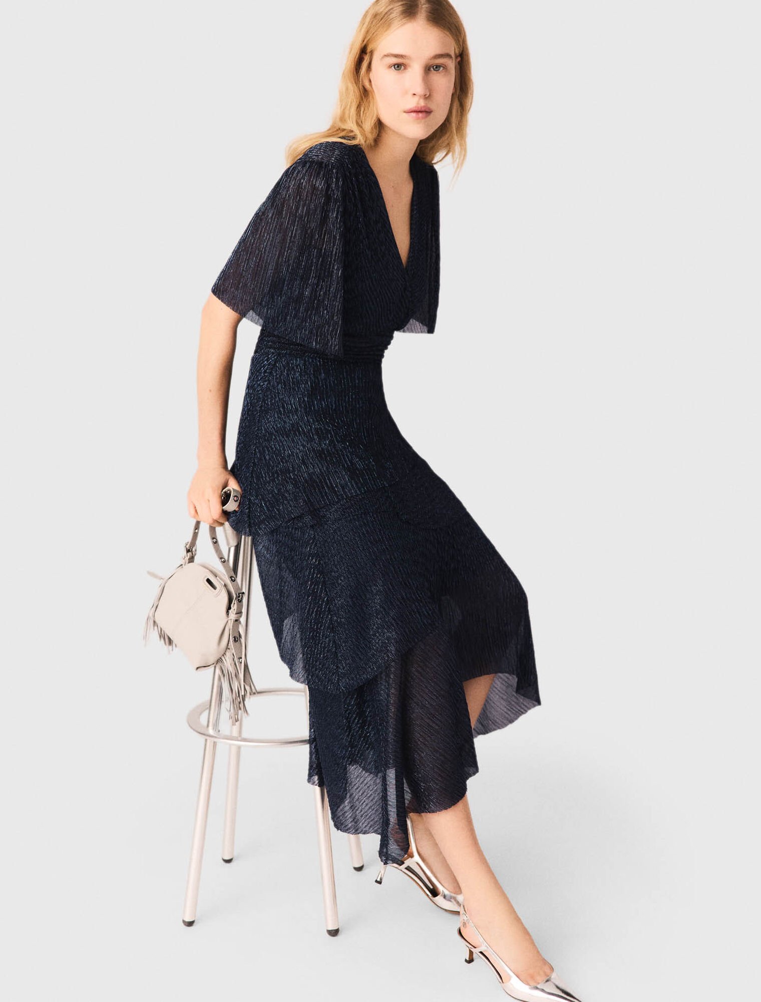 Metallic ruffled midi dress