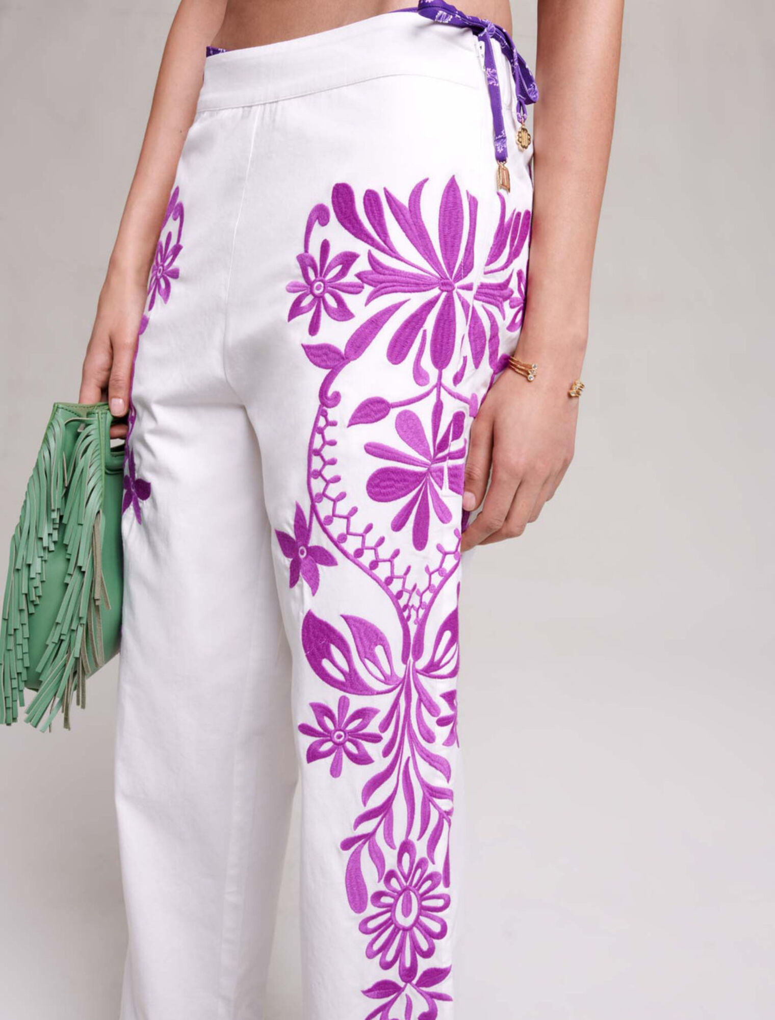 Wide-leg embroidered pants