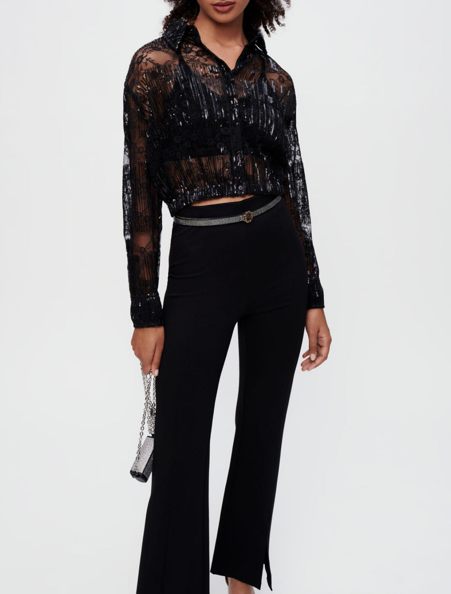 Pleated lace cropped shirt