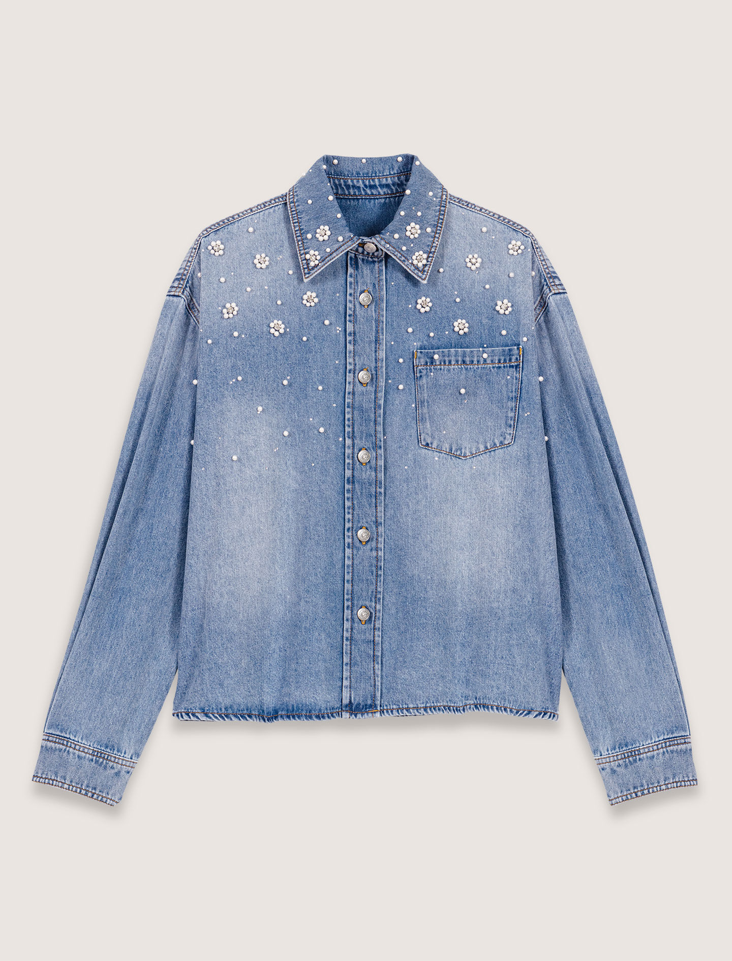 バルマン denim effect printトップス ブルー Blue B Women's Light Wash Rhinestone Short Sleeve Button