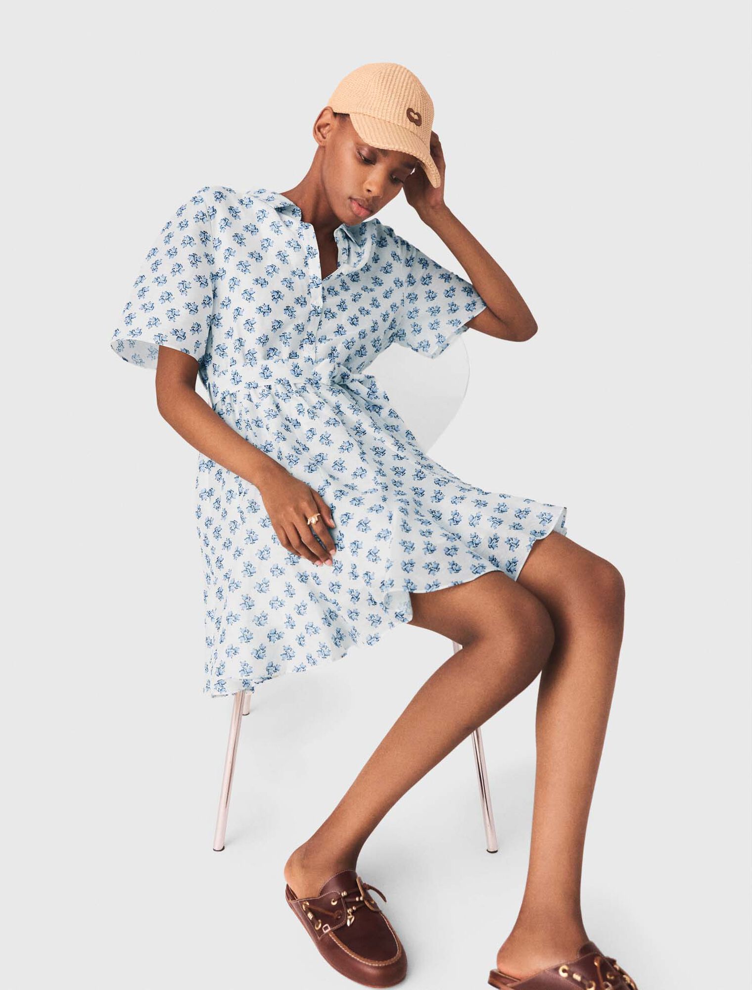 Short patterned linen-blend dress