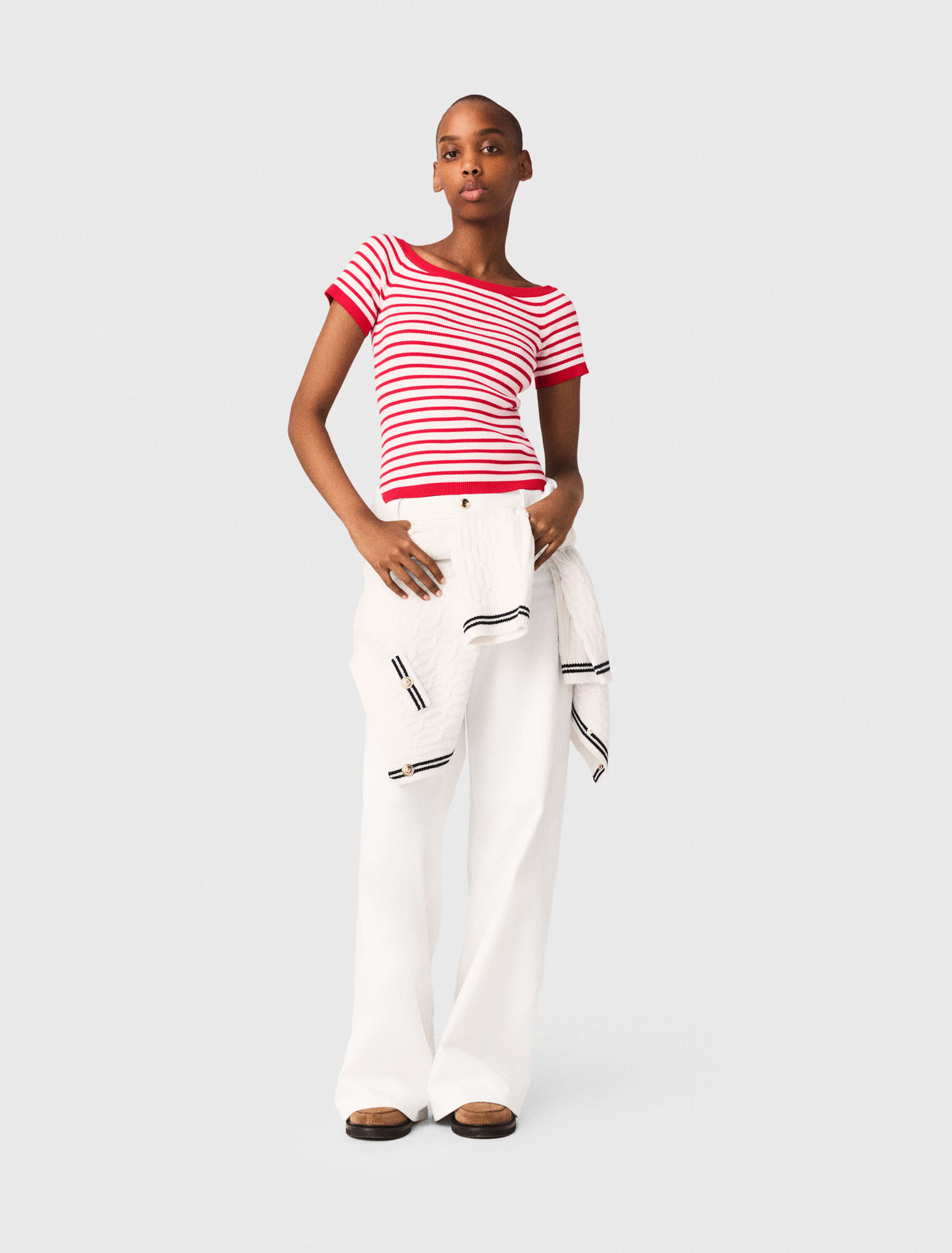 Striped knit top with boat neck