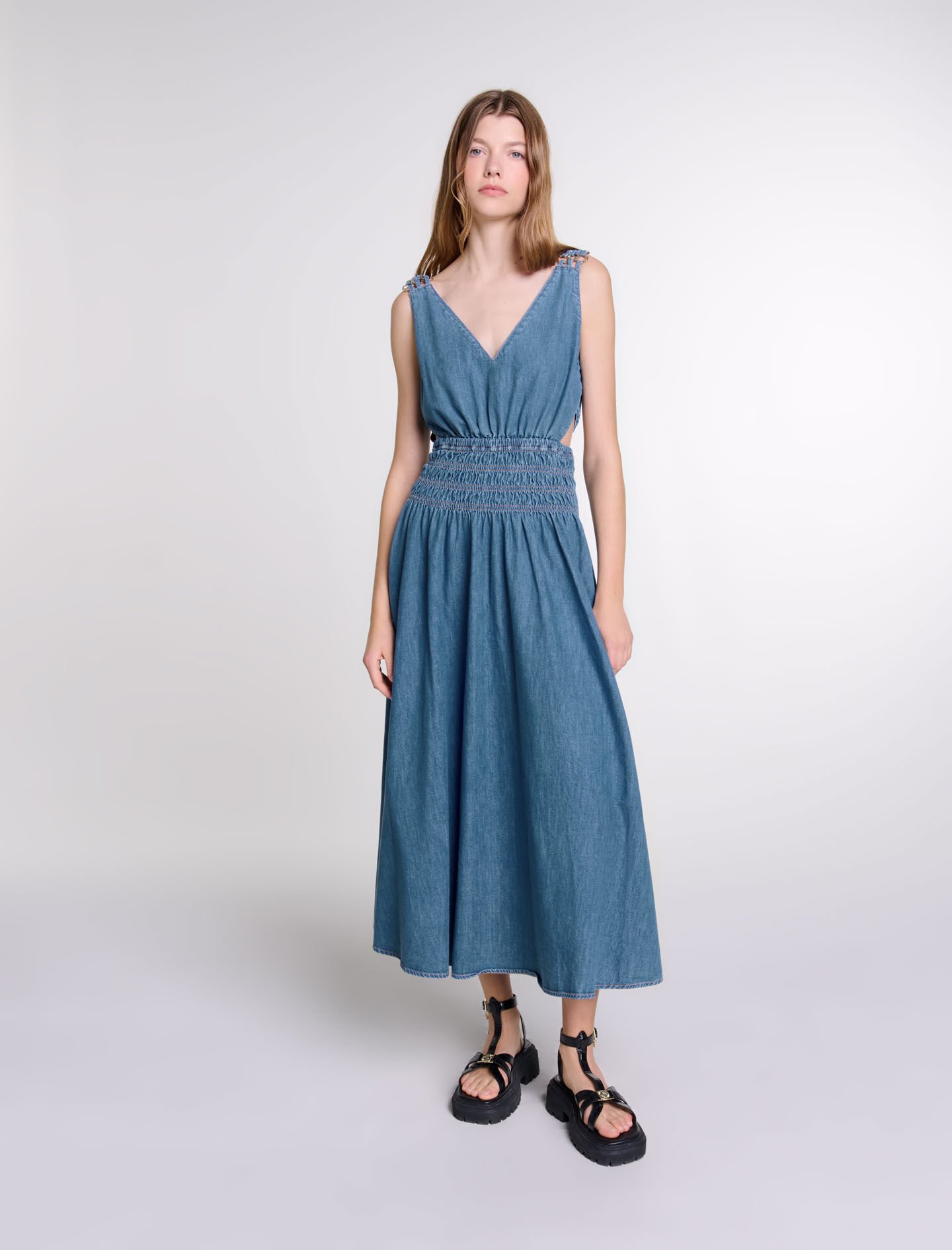 Cutaway denim maxi dress Maxi dresses Maje