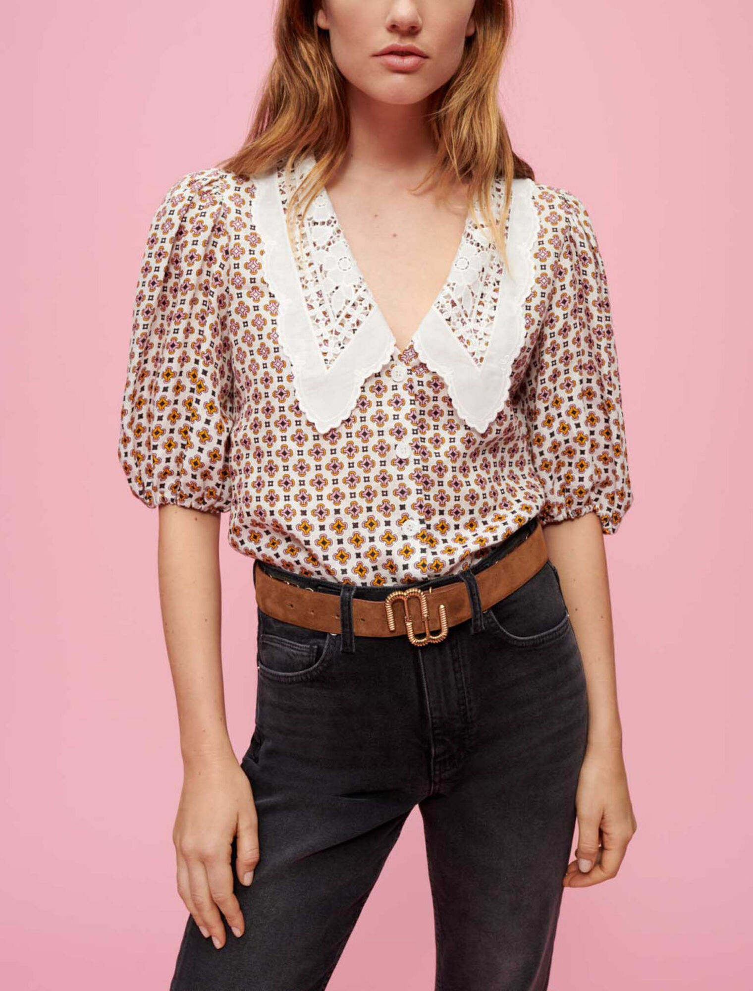 Printed shirt with embroidered collar