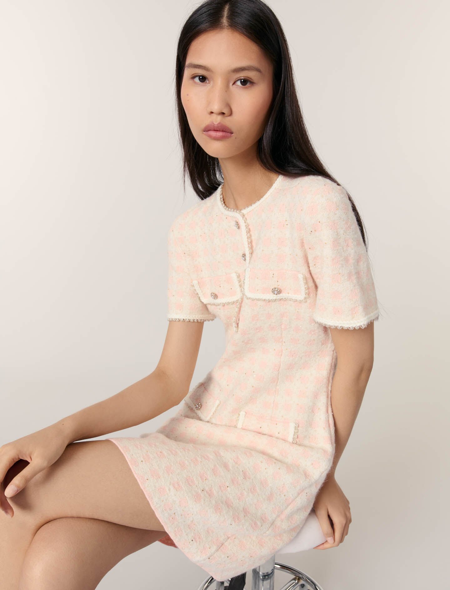 Tweed-effect knit short dress Pink for Women | Maje