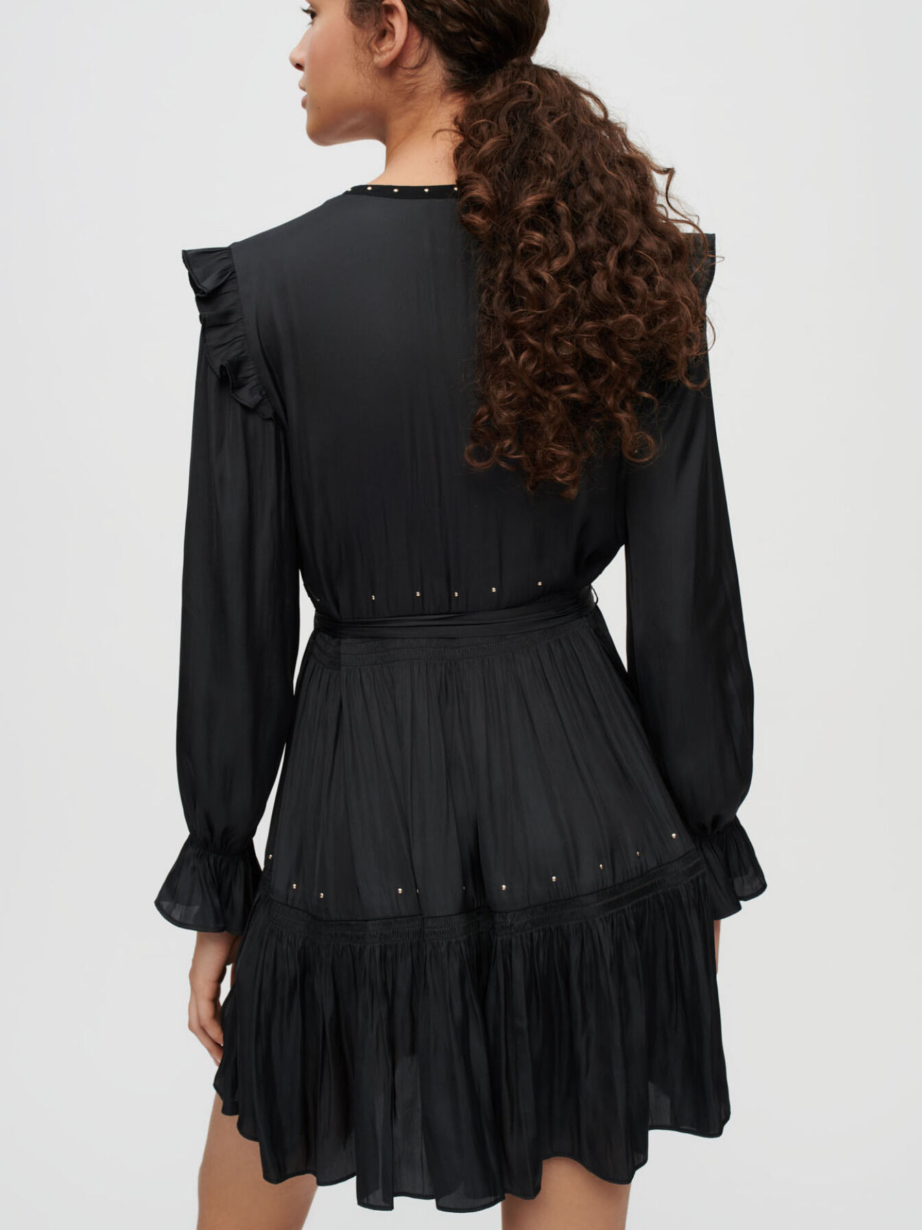 Black flowing satin dress, gold studs
