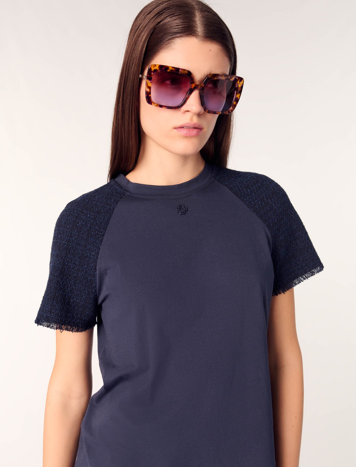 Tweed-sleeved T-shirt Blue for Women | Maje