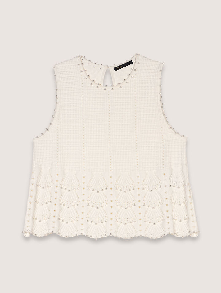 Beaded pointelle knit top