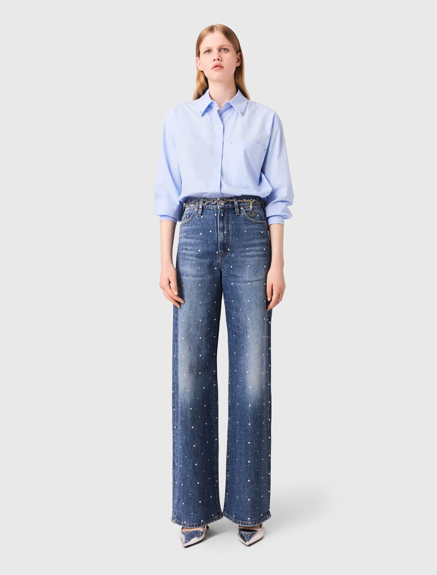 Wide-leg denim jeans with studs