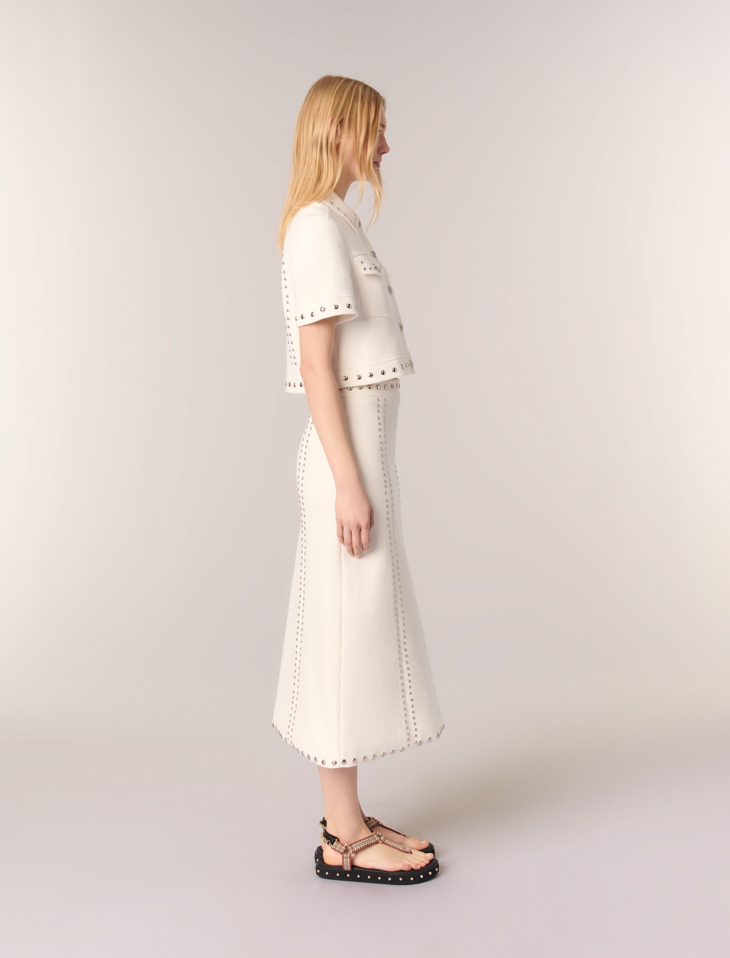 【まさえ】YMYM ワイエムワイエム　someday knit skirt Knit midi skirt with studs White for Women | Maje