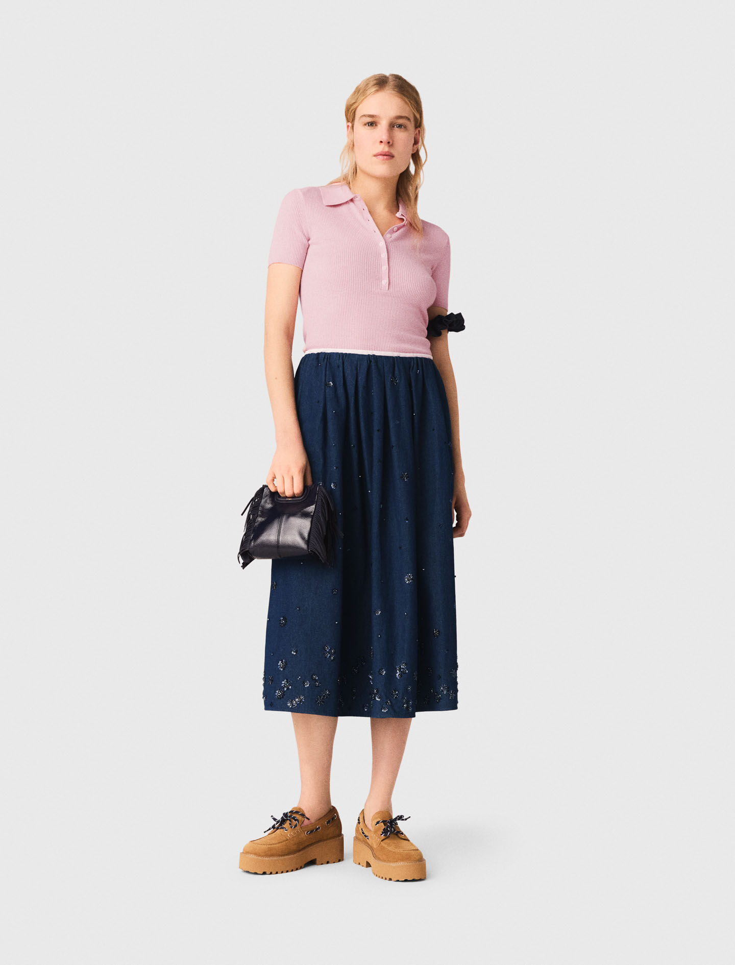 Embroidered denim midi skirt Navy for Women | Maje
