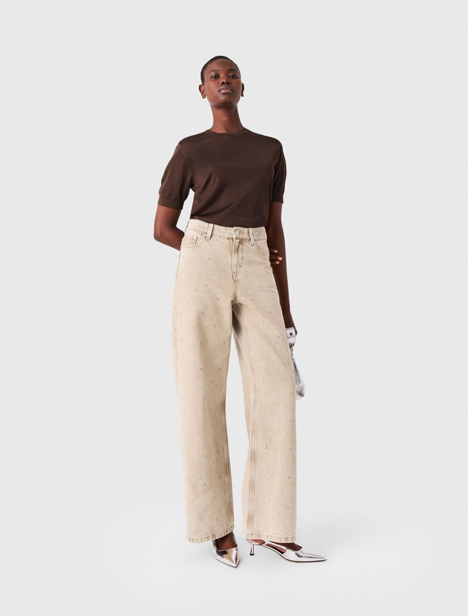 Wide-leg rhinestone jeans