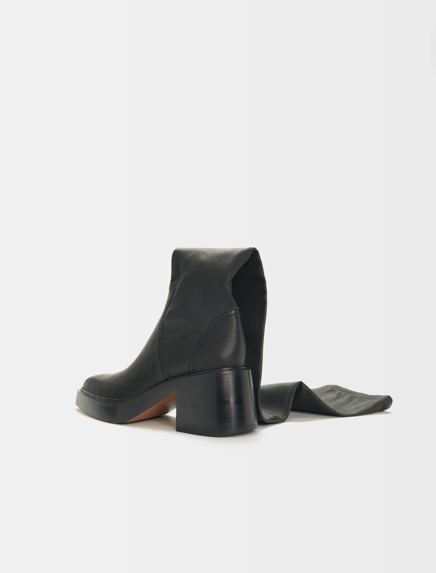 Black leather heeled thigh boots