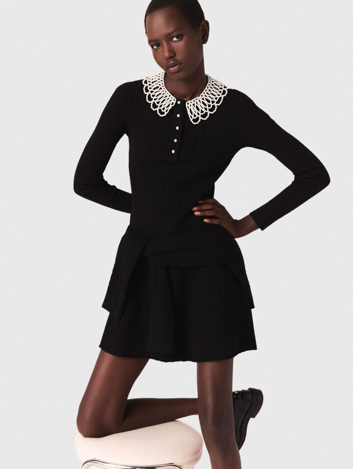 Short beaded-collar knit dress