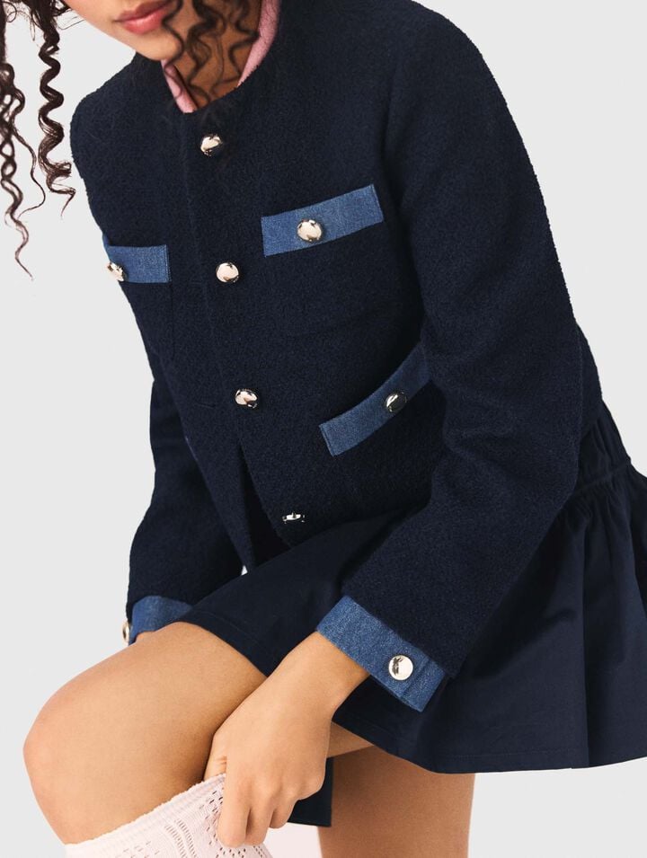 Tweed jacket with denim trim