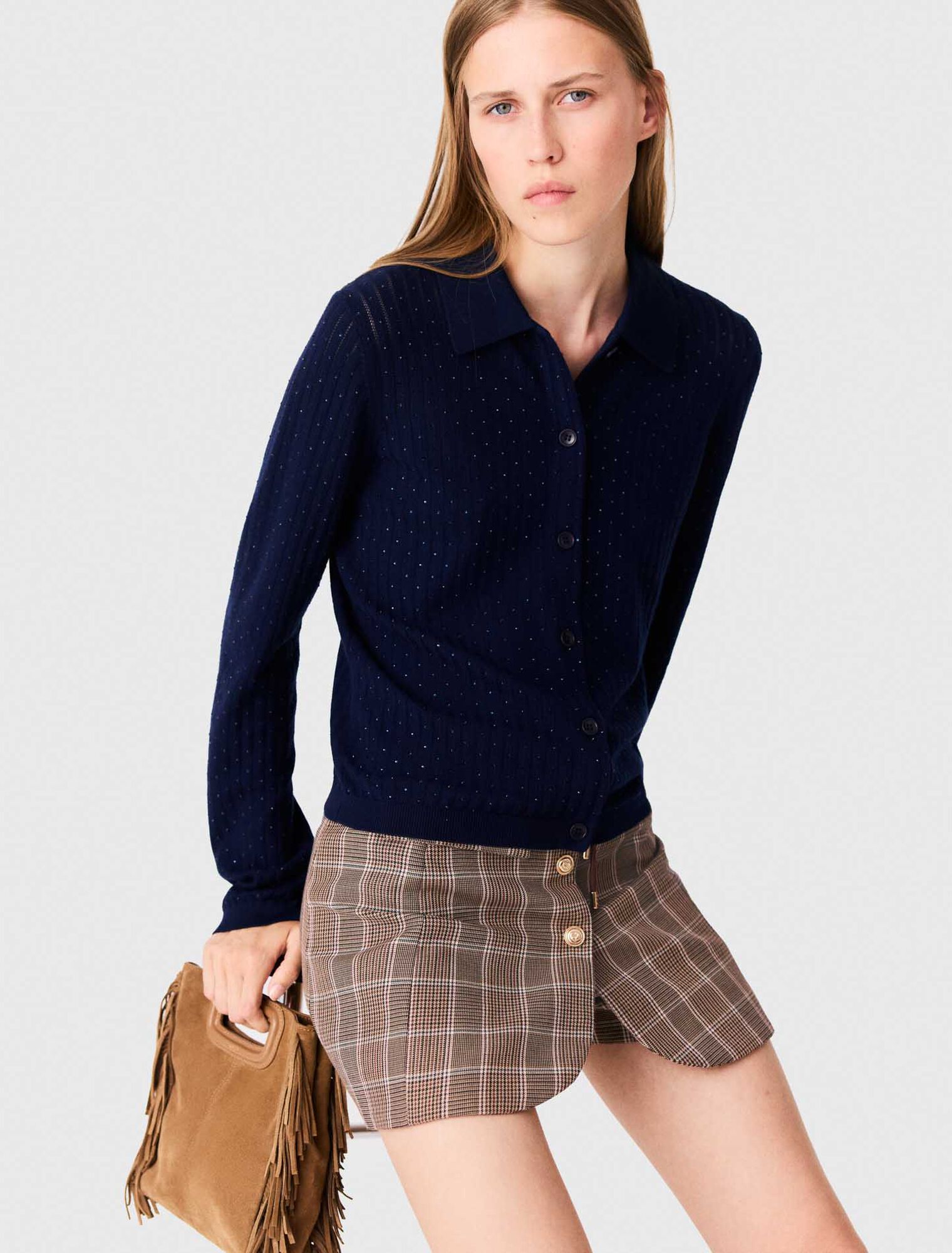 Rhinestone polo collar cardigan