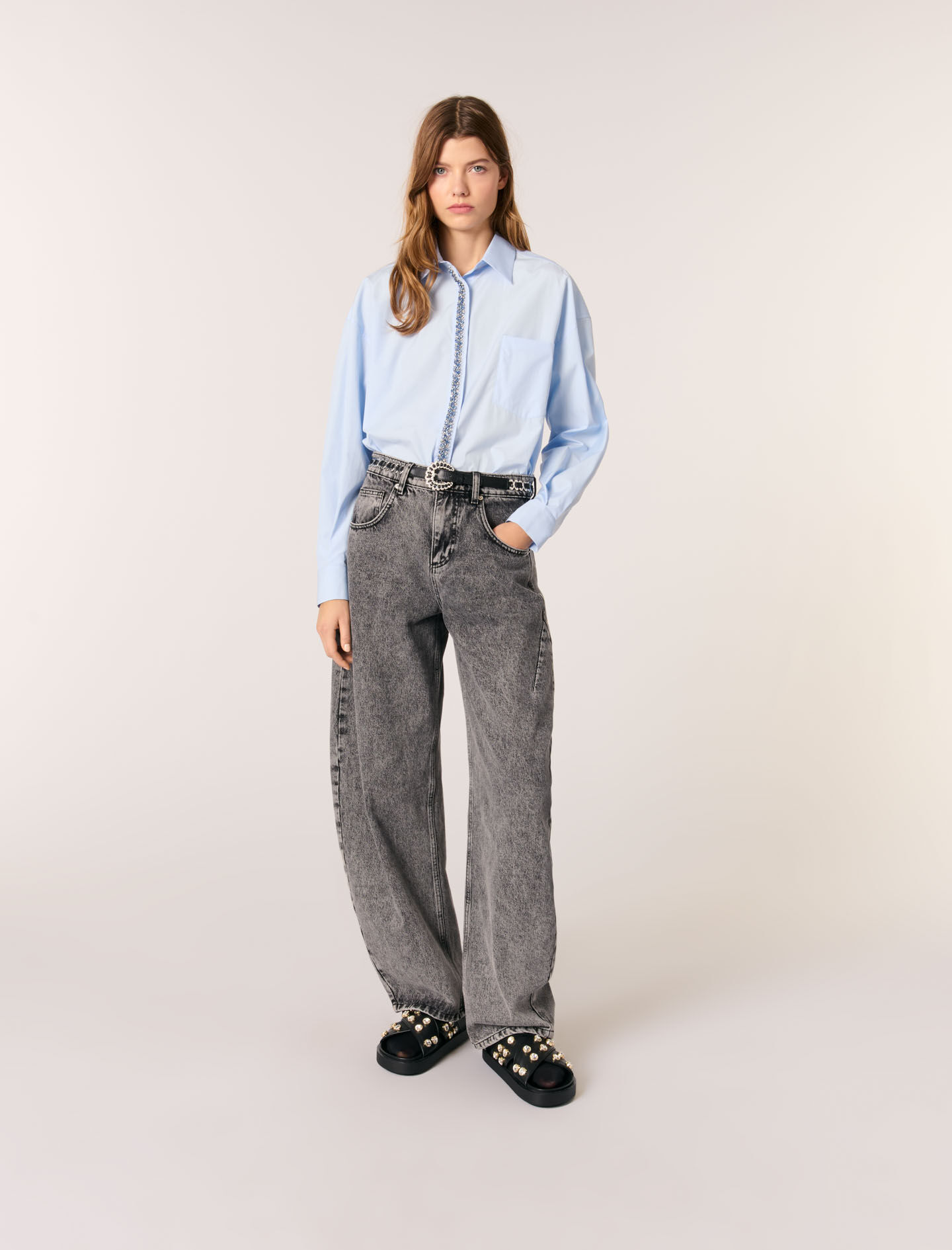 Poplin shirt with rhinestones Blue for Women | Maje