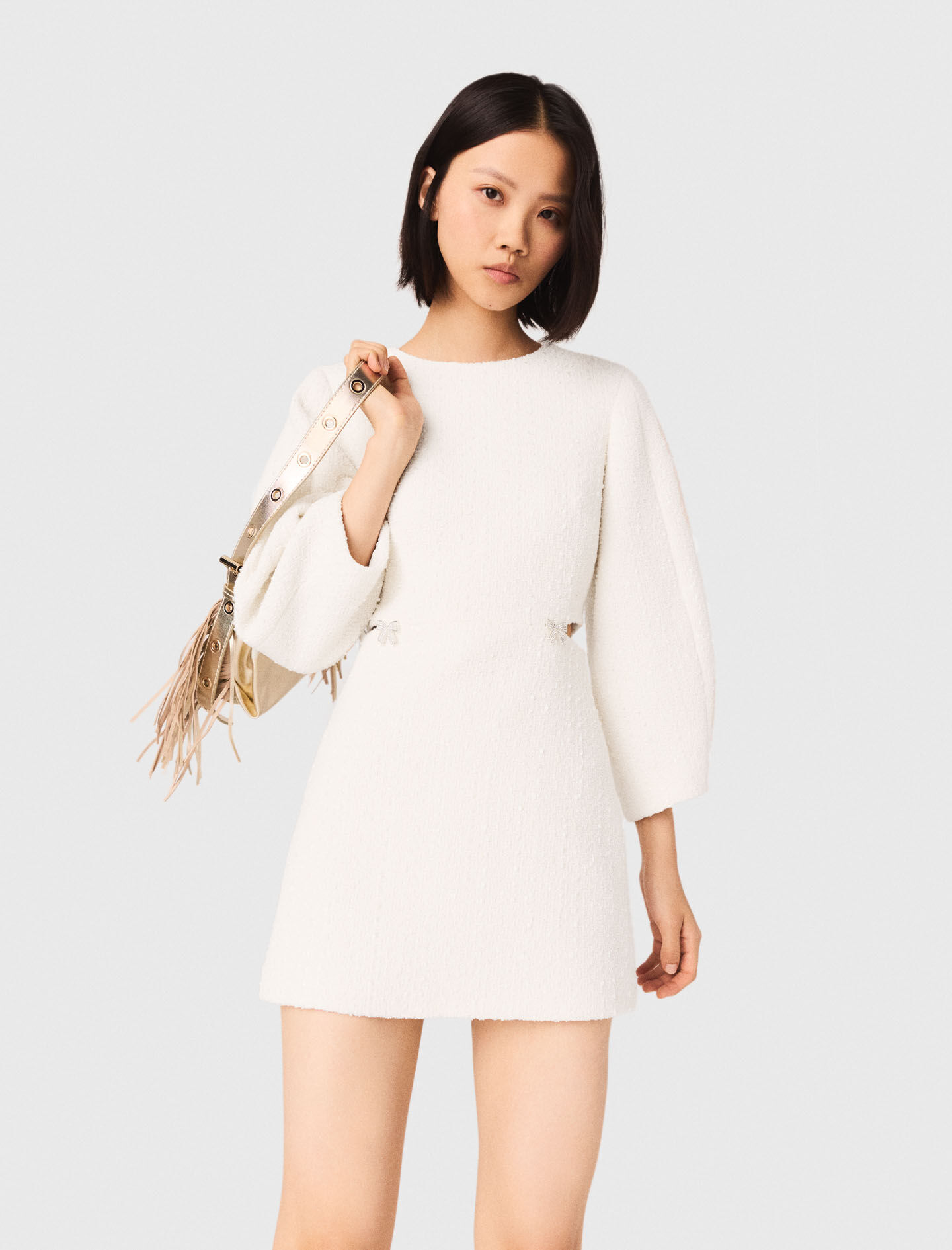 Short balloon-sleeve tweed dress White for Women | Maje