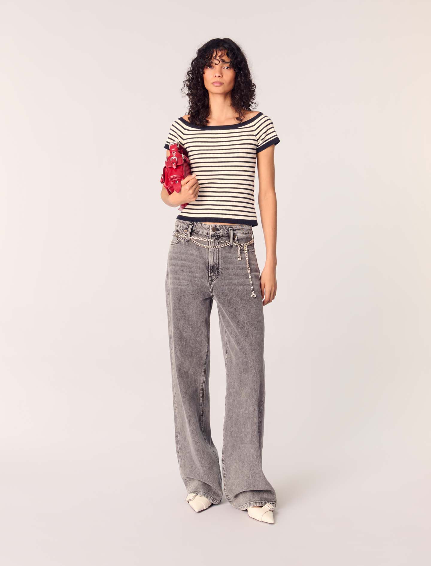 Wide-leg PU Leather Mix Denim Jeans WN2940 - black / L