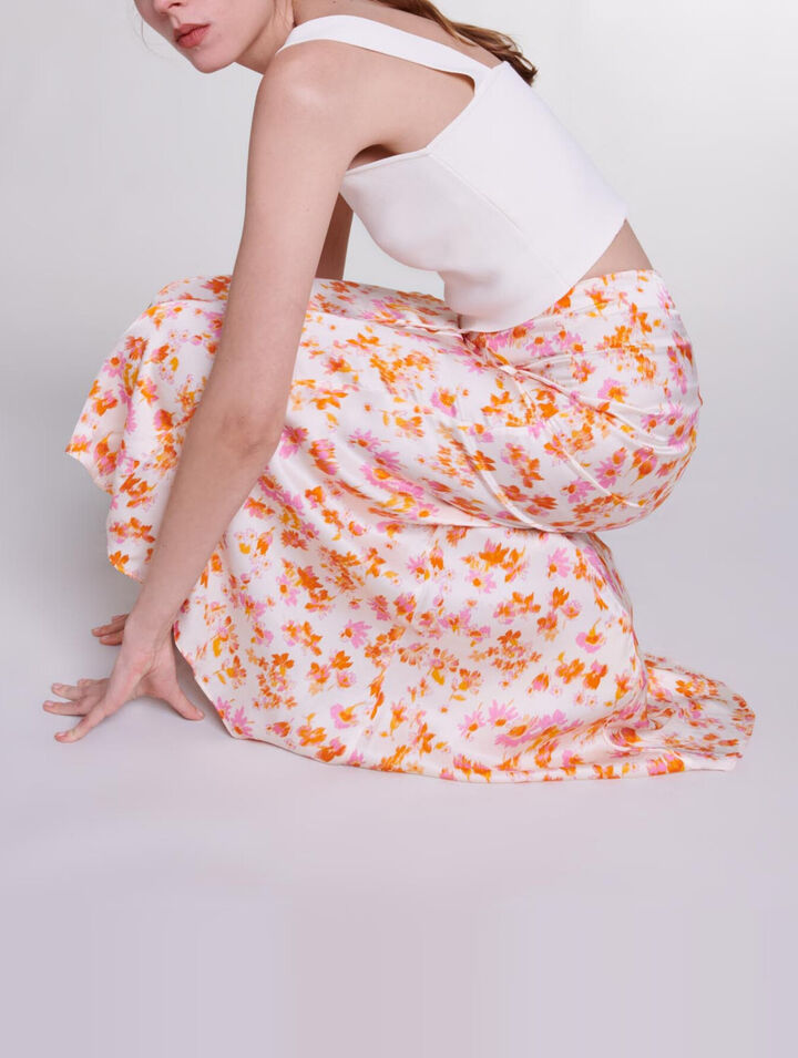 Satin-effect floral skirt