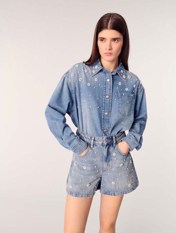 Denim shorts with embroidered beads
