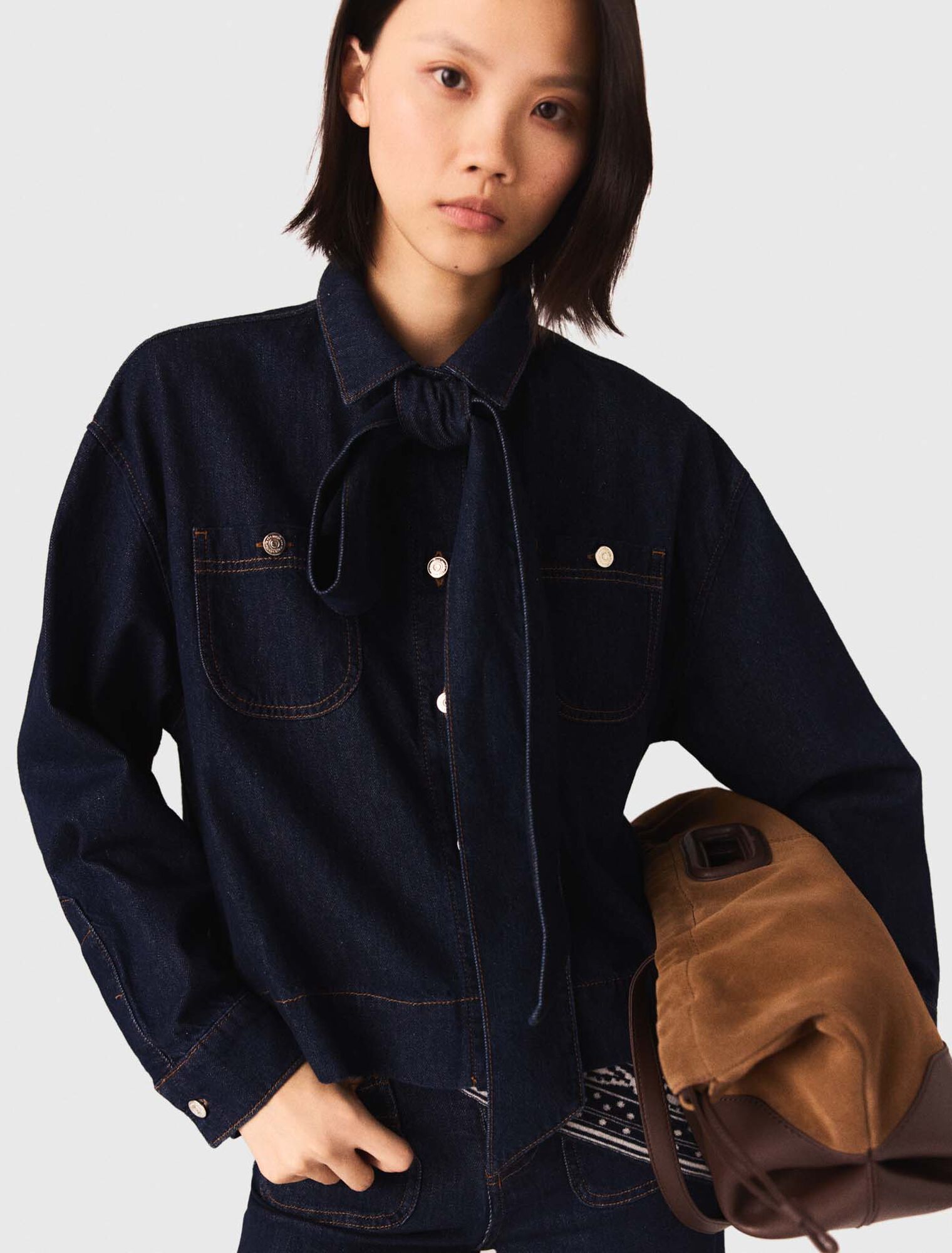 Denim shirt with pussy bow