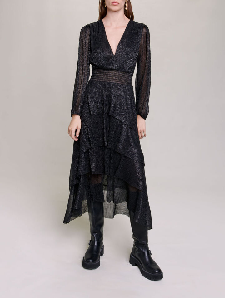 Pleated stretch lam&eacute; dress with ruffles