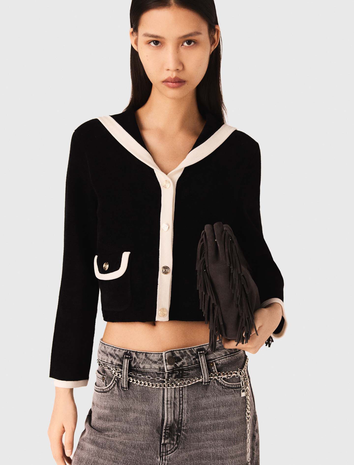 Velvet-effect cardigan Black / Gray for Women | Maje