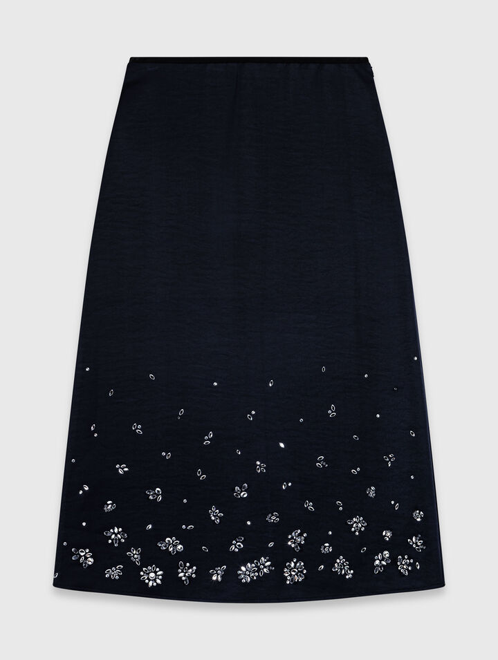 Embroidered satin midi skirt
