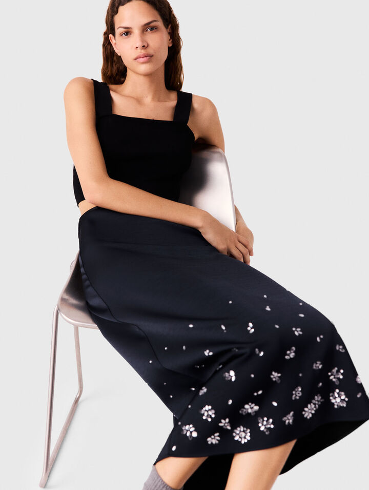 Embroidered satin midi skirt