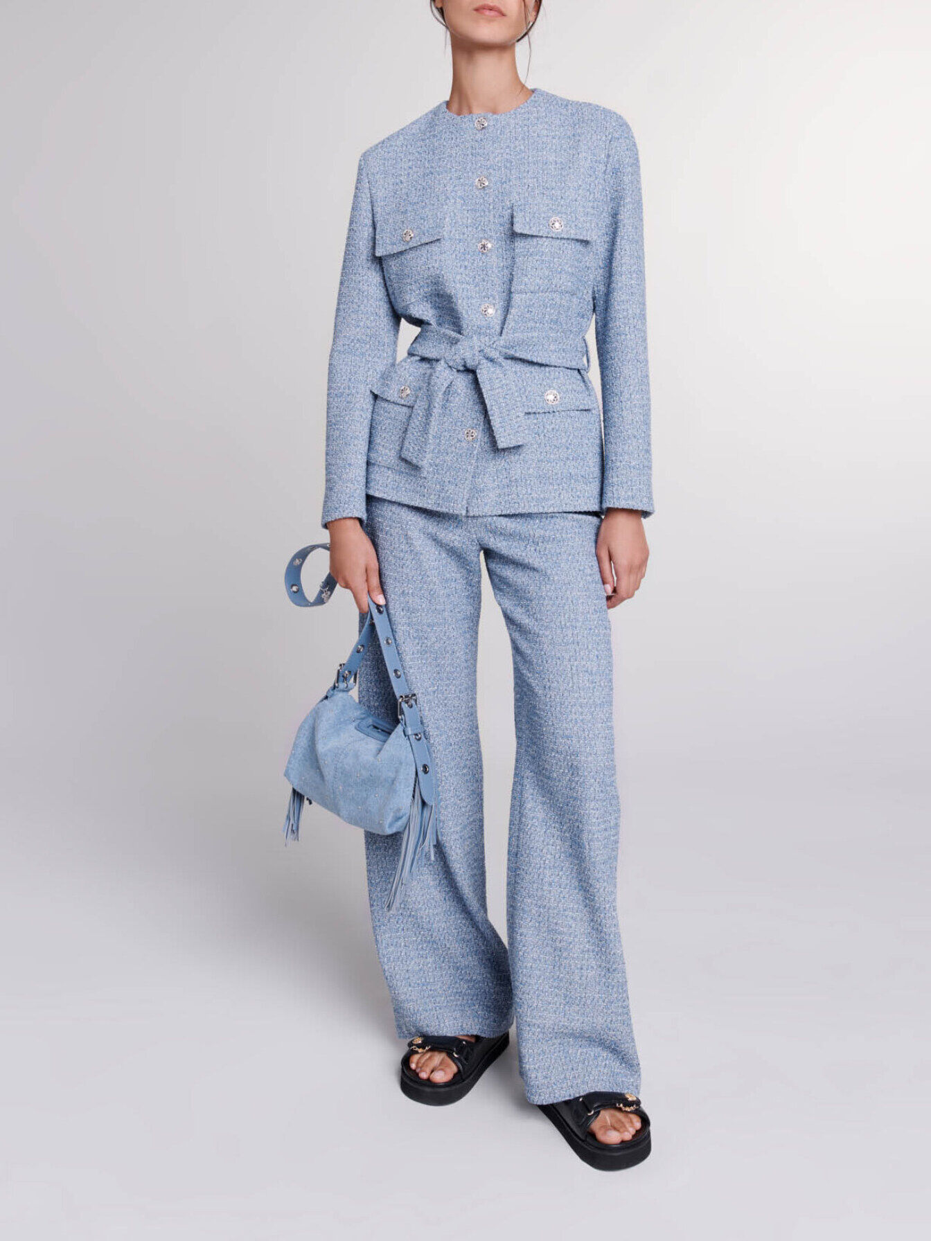 Belted tweed jacket Blue for Women | Maje