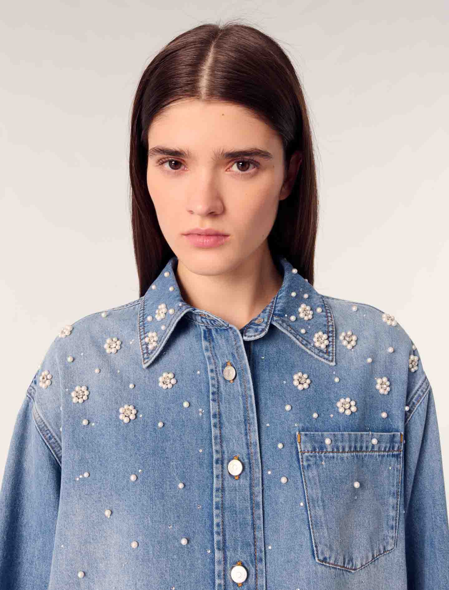 Denim shirt with embroidered beads Blue for Women | Maje
