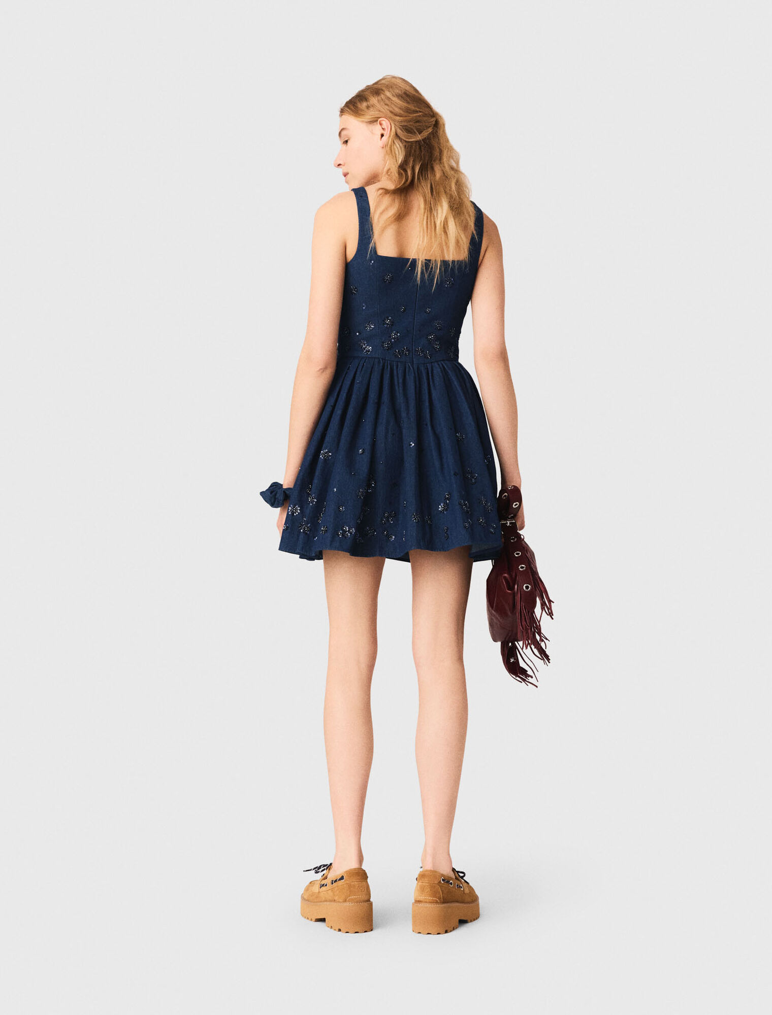 Flared embroidered denim dress