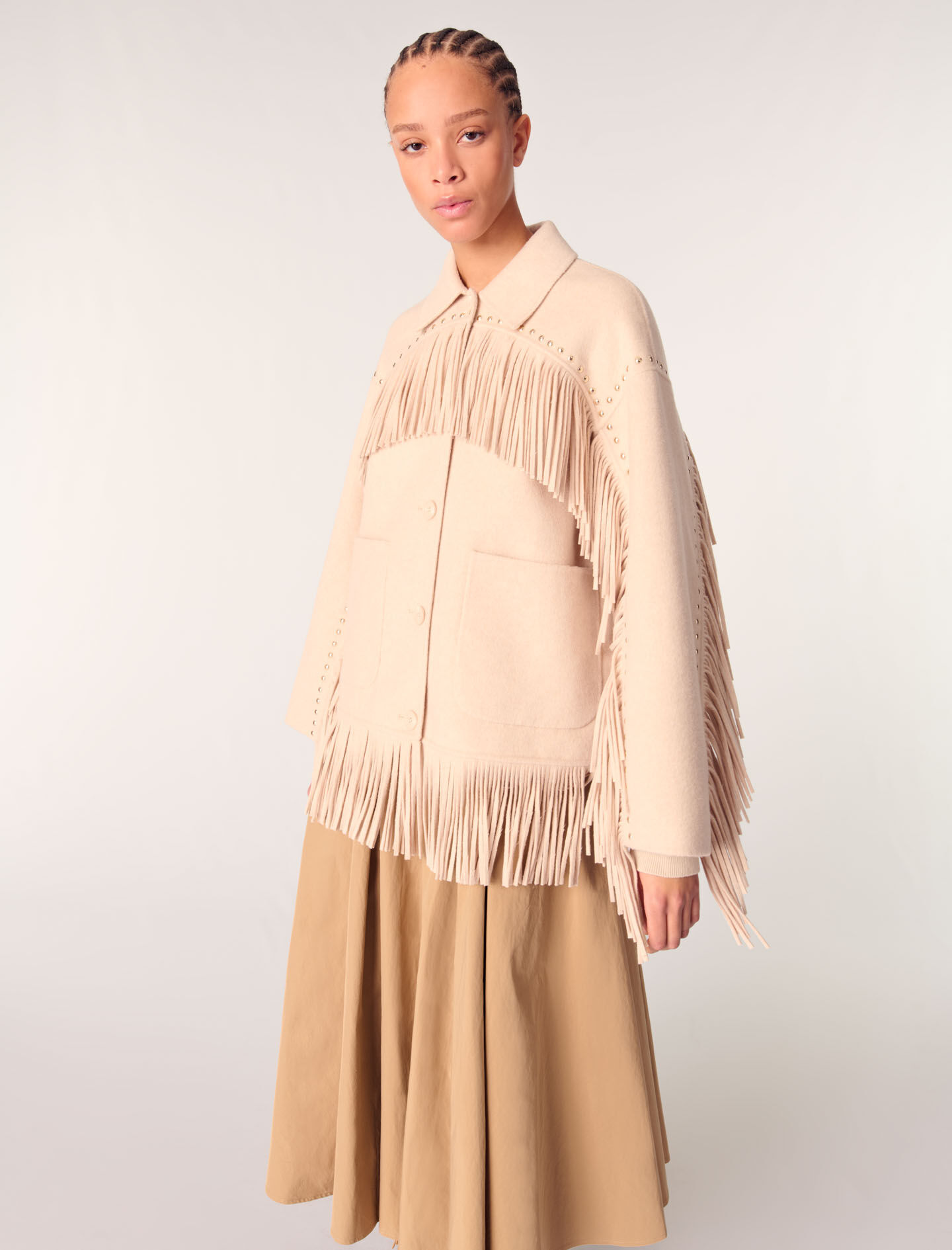 Double-breasted fringed coat Natural for Women | Maje