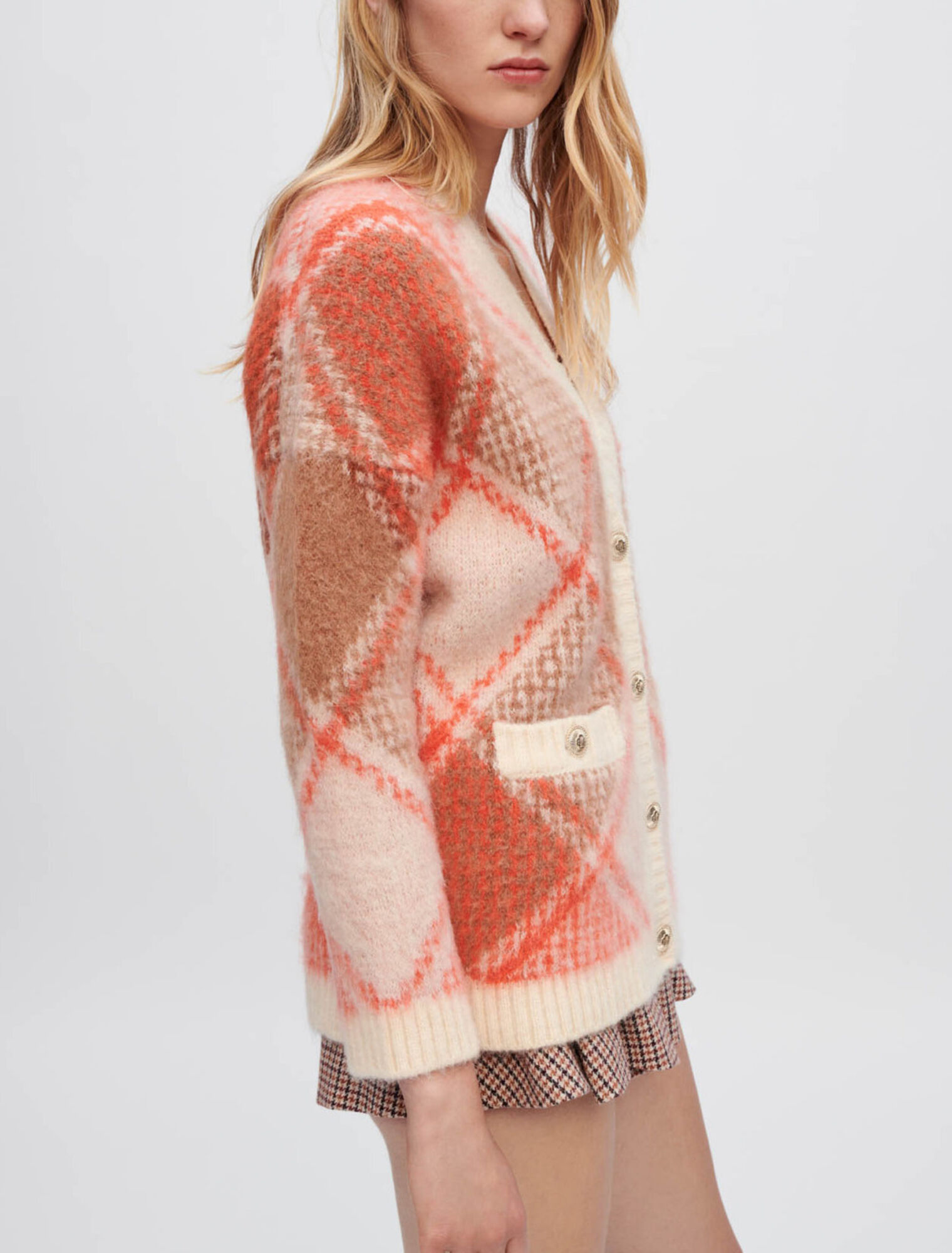Fluffy diamond jacquard cardigan
